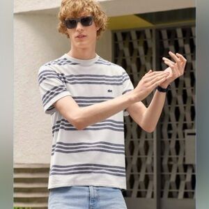 Lacoste Crewneck T-Shirt off white and navy stripes size large